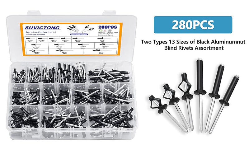 280pcs Black Pop Rivets Assortment Kit, SUVICTONG Aluminum Blind Rivets, (1/8" 5/32" 3/16") 13 Sizes Tri-fold Exploding Pop Rivet for Kayak Marine Boat Black 280 Pop Rivets & Washers