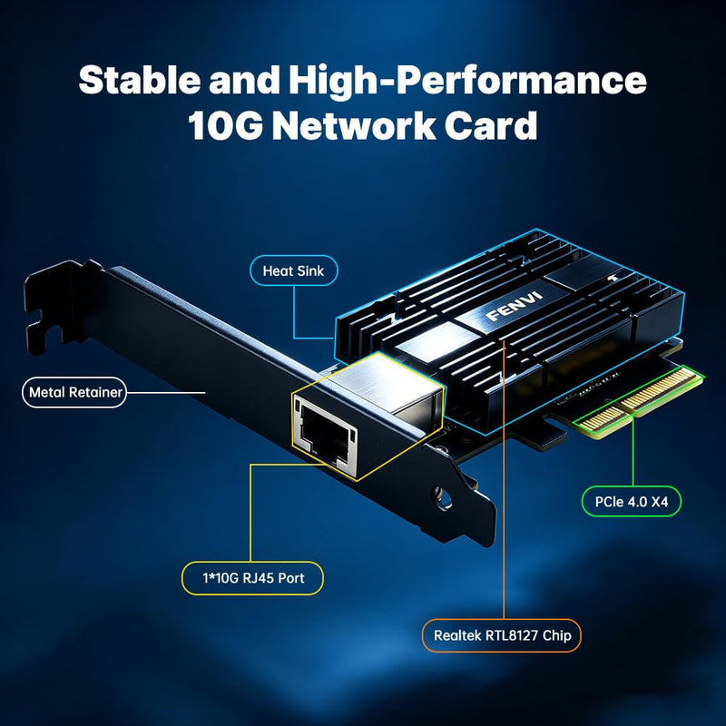 FENVI RTL8127 10G PCIe X4, 4X Faster Than 2.5G, NAS/Server, Win/Linux | PCIe 3.0/4.0 Compatible, Backward Compatible 5G/2.5G/1G/100Mbps, Low-profile for ITX, Perfect for 4K Video Editing & NAS