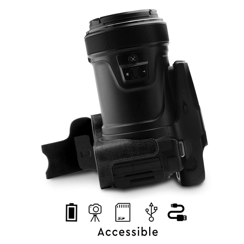MegaGear Genuine Leather Half Camera Case Compatible with Nikon Coolpix P1100 Black
