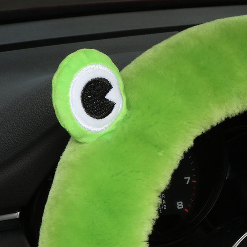 U&M 3 Pcs Set Fluffy Genuine Sheepskin Car Steering Wheel Cover with Handbrake Cover & Gear Shift Cover Fuzzy Wool Fur Soft Warm Winter (Green Frog, Shearling Wool) Green Frog