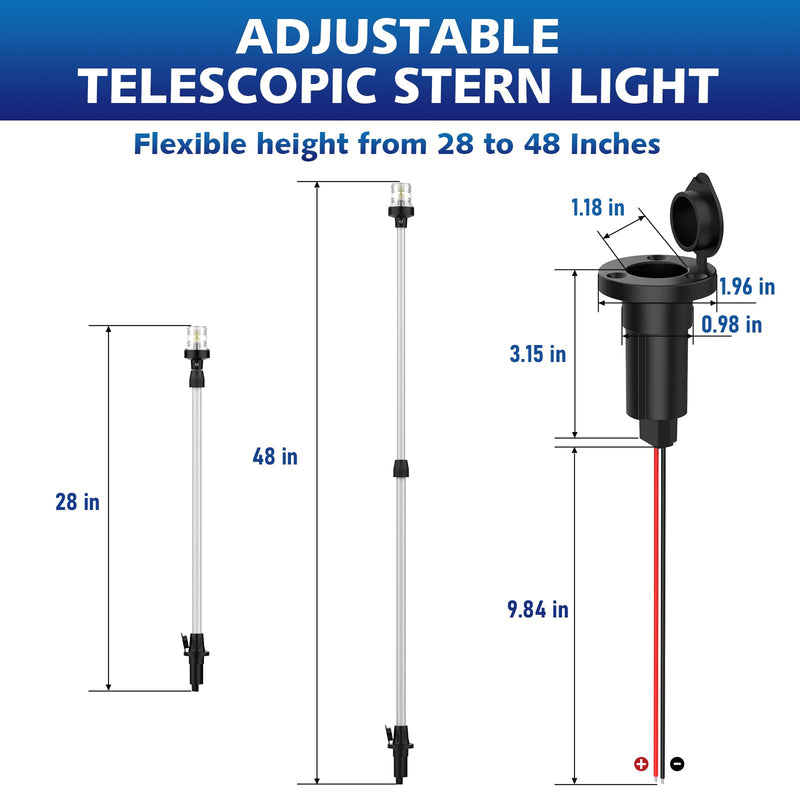 Boat Stern Light Anchor Light, 28"-48" Telescoping Pole Boat Lights LED with Base & Extra Bulb, Waterproof 3NM 360° All Round Marine Navigation Lights for Boats LED for Pontoon, Fishing, Bass Boats Sliver