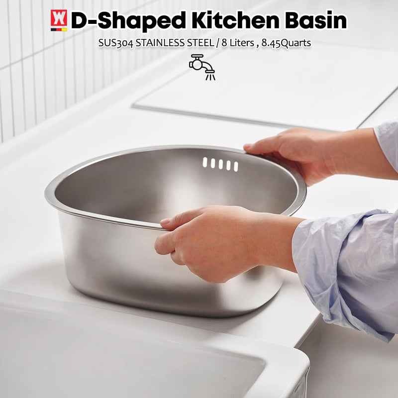 WAGENSTEIGER D-Shaped Stainless Steel Dishpan, Kitchen Sink Wash Basin Tub for Dishes, Vegetables & Fruit, Heavy Duty Metal Dish Tub (8.45 Qt)