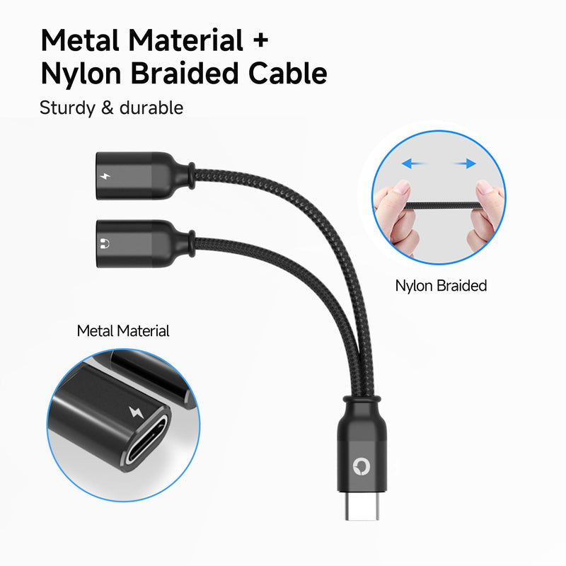 pzoz USB C Headphone Adapter, 100W Audio Charging Splitter for iPhone | 2-in-1 USB-C adapter lets you charge and use wired headphones at the same time, perfect for music, gaming and calls.