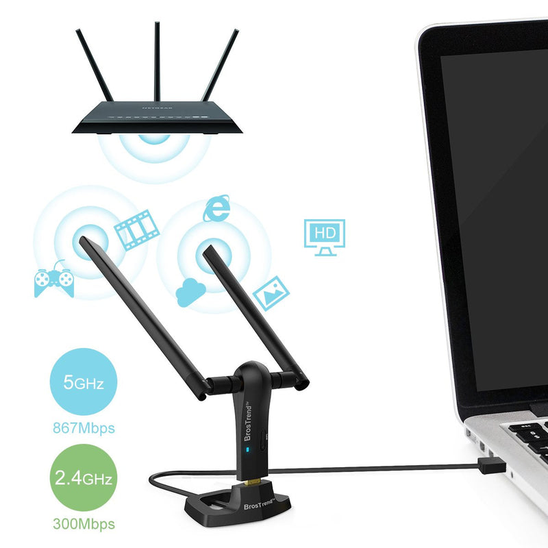 BrosTrend 1200Mbps Long Range USB WiFi Adapter for PC Desktop Laptop of Windows 11/10/8.1/8/7, Wireless Adapter Dual Band 2.4GHz 300Mbps + 5GHz 867Mbps, 2X 5dBi High Gain Antennas, USB 3.0 Cradle