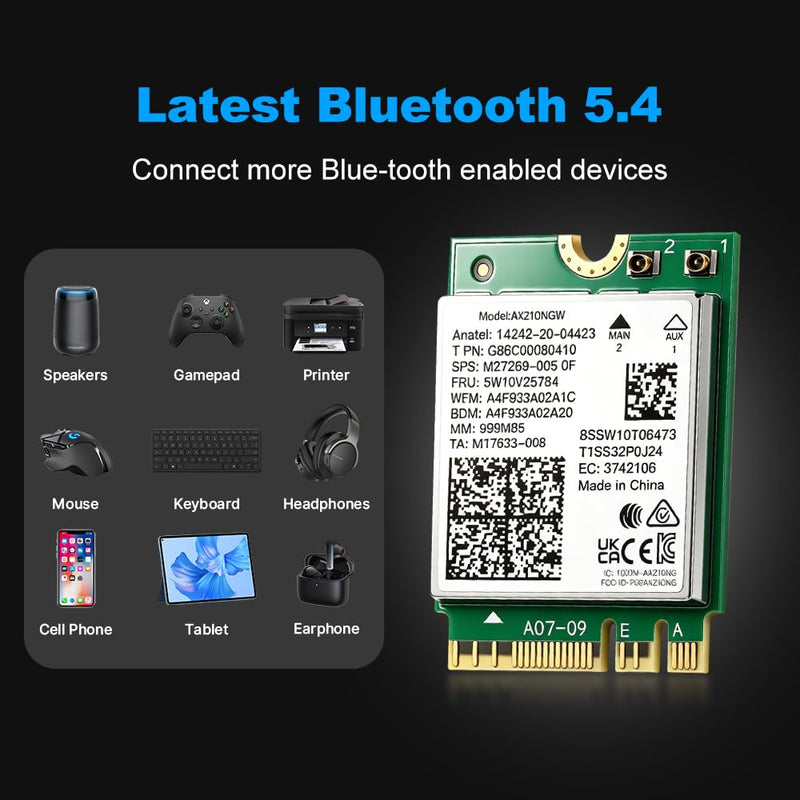 WiFi 6E AX210NGW M.2 Card, 6GHz Low Latency Gaming Streaming, Windows 10/11 | NGFF M.2 Key A+E, Up to 5400Mbps Ultra-Fast, Tri-Band 2400/2400/574Mbps, Bluetooth 5.4, WPA3, Easy Setup for Laptop Upgrade