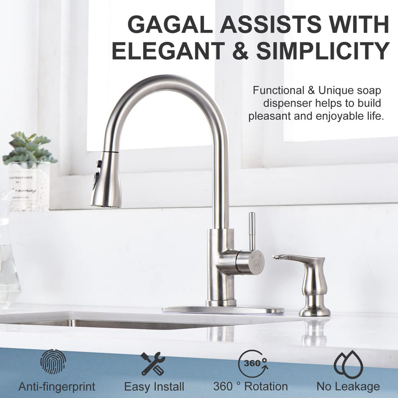 GAGALIFE Kitchen Sink Soap Dispenser - Brushed Nickel Built in Soap Dispenser with 17 OZ Bottle, Lotion Dispenser for Kitchen Sink, Refill from The Top with Bottle