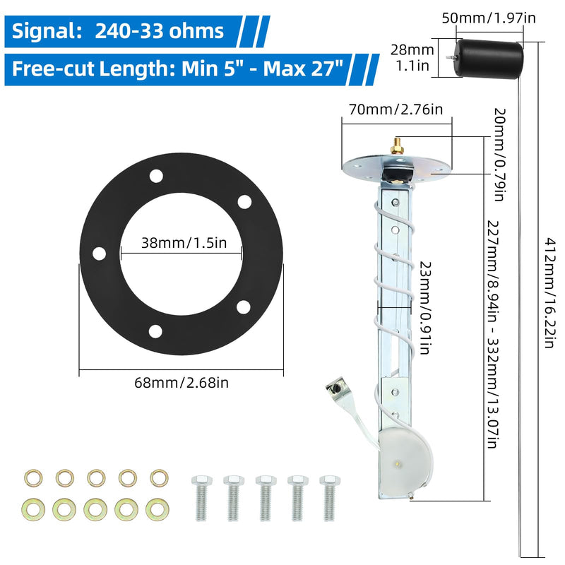 240-33ohm Fuel Sending Unit & Gauge Combo - 5-27" Fuel Tank Sensor, 7-Color Backlight with 5 Signal, Waterproof Fuel Level Gauge for Boats, Marine, Trucks, Automotive (Black) Black 5"-27"