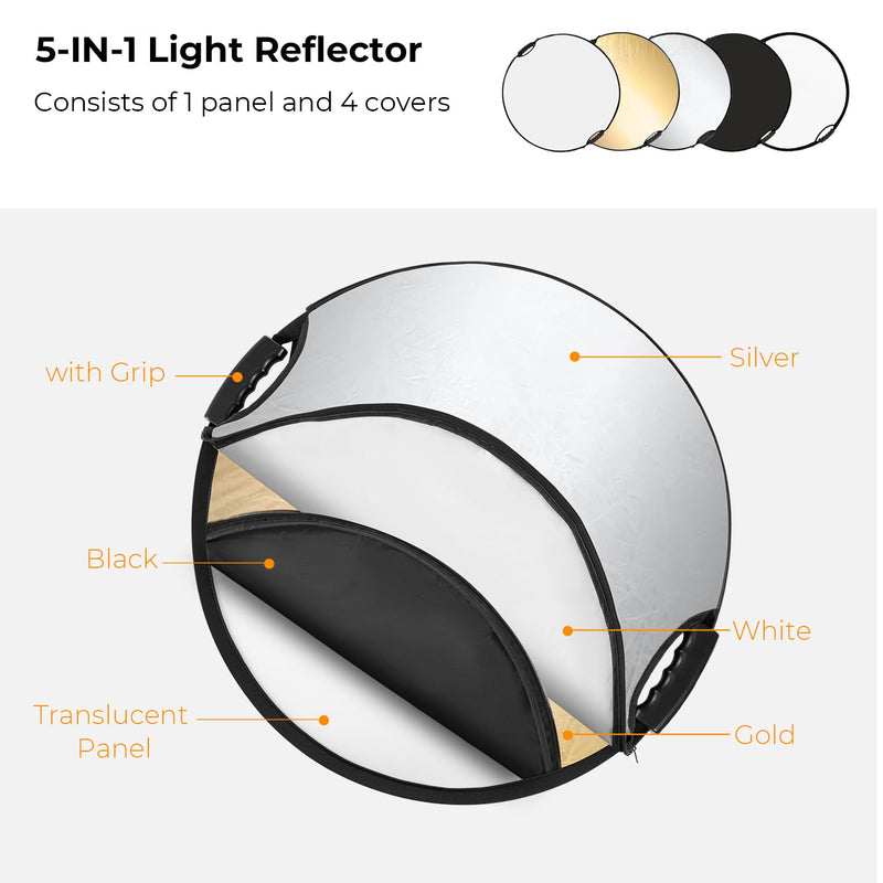 K&F CONCEPT Light Reflector with Grips, 32"(80cm) 5-in-1 Photography Diffuser Collapsible Portable with Grips for Studio and Outdoor Lighting Gold Silver White Black Translucent 32'' (80cm)