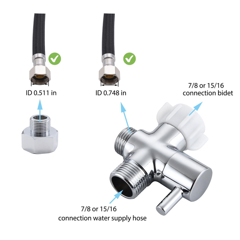 Bidet T Adapter With Shut off Valve,3 Way T Valve for Bidet, Brass T Adapter for Handheld Toilet, 7/8"×7/8"×1/2" or 3/8" Chrome