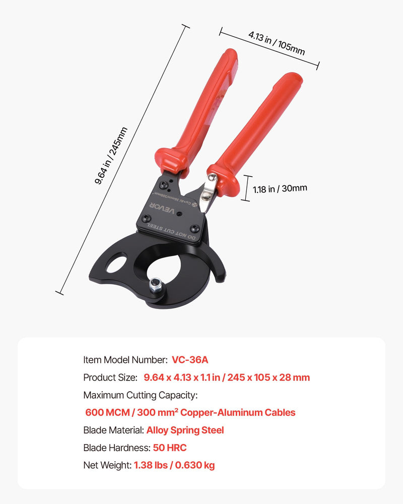 VEVOR Ratcheting Cable Cutter, Spring Steel Blades with PVC-Coated Handles, Quick-Release Button, Heavy Duty Ratchet Cable Wire Cutter for Cutting Copper & Aluminum Cables Up to 600 MCM / 300 mm² 11inch/600 MCM / 300 mm²