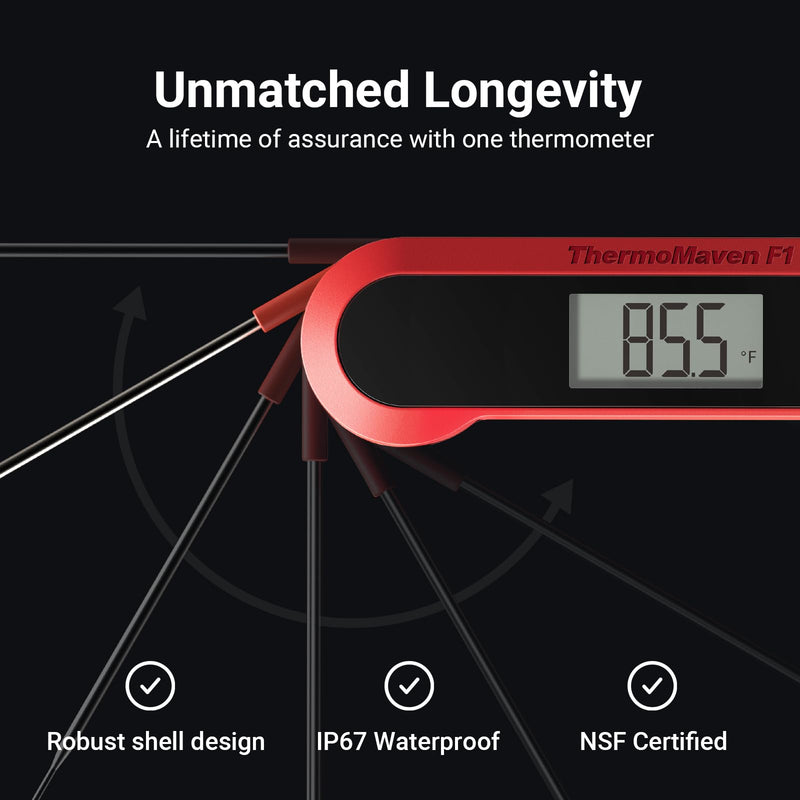 0.7 Seconds Instant Read Meat Thermometer Digital for Cooking with Ambidextrous Backlit & IP67 Waterproof, Magnetic ThermoMaven F1 Food Probe for Kitchen, Outdoor Grilling, BBQ Smoker Red & Whiteker
