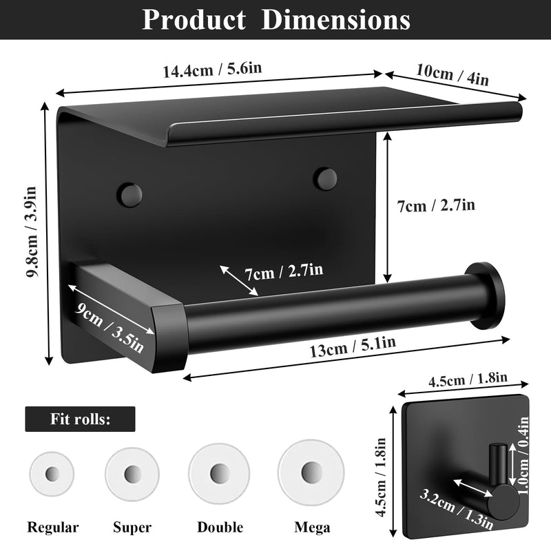 Tindbea Toilet Paper Holder Wall Mount + Towel Robe Hooks, Adhesive or Screw Wall Mounted Toilet Paper Roll Holder with Shelf, Stainless Steel Bathroom Organizers and Storage Kit (Matte Black) Regular Matte Black