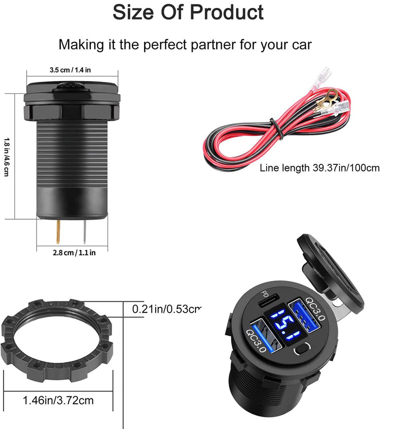 5 Pack 12V USB Outlet, QC3.0 & PD Dual Car Charger with Voltmeter & Switch | Fast charge 3 devices with QC3.0 & PD, plus built-in voltmeter & on/off switch. Ideal for cars, boats, marine, trucks, & RVs. 2QC+1PD