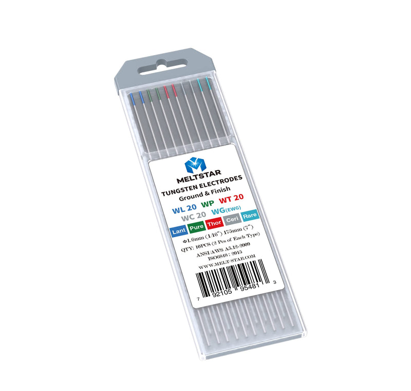 TIG Welding Tungsten Electrodes Mix Set, 5 Color Markings Red Green Blue Turquoise Grey, 1/16" x 7" 10 Pack 1/16” x 7” Multicolored