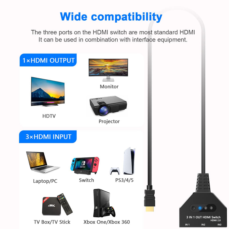HDMI Switch 3 in 1 Out-HDCP 2.2, 4K@60hz 3 Way hdmi Splitter Supports Full 1080P 3D Compatible with Roku Fire TV Stick HDTV PS4/PS5 Xbox One Chromecast, Compatible with Mac/Win/Linux