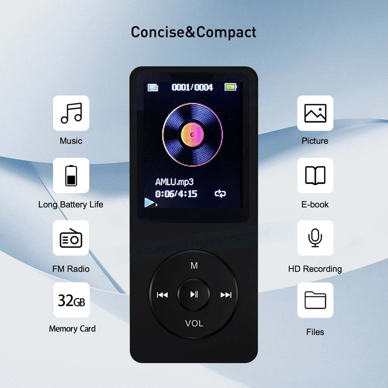 MP3 Player 32GB Music Player Voice Recorder with Speaker Earphone Portable HiFi Lossless Sound E-Book HD Screen 1.8 inch Support up to 128GB (Earphones Include) Black