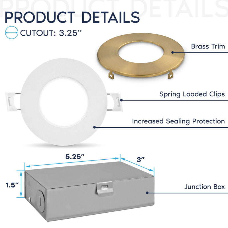 LUXRITE 3 Inch Ultra Thin LED Recessed Light with Junction Box, 8W, 5 Color Options 2700K | 3000K | 3500K | 4000K | 5000K, Dimmable Wafer Lights, 540 Lumens, Brass Trim, Energy Star, IC Rated 1 Count (Pack of 1)
