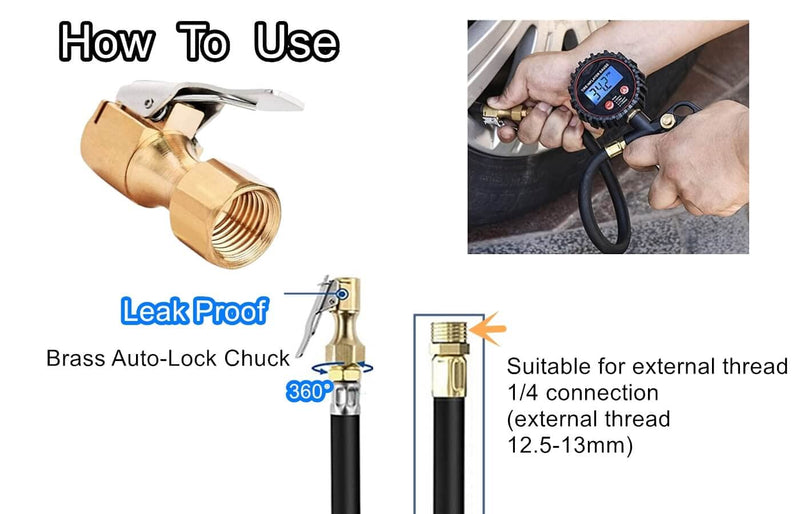 Heavy Duty Brass Air Chuck with Clip Adapter, Open Flow Straight Tire Chuck Air Nozzle, 1/4" FNPT Tyre Chuck for Tire Inflator Pressure Gauge Air Pump Compressor Accessories (Brass, 2 Pack) B-2Pack