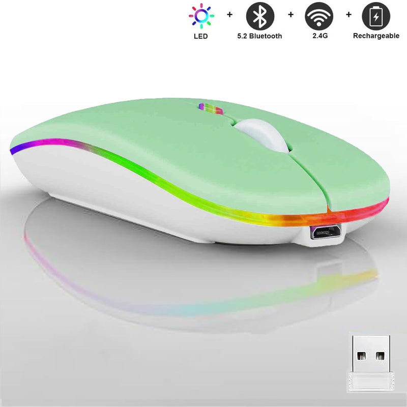 Wireless Bluetooth Mouse,LED Dual Mode Rechargeable Silent Slim Laptop Mouse,Portable(BT5.2+USB Receiver) Dual Mode Computer Mice,for Laptop,Desktop Computer,ipad Tablet,Phone,TV (Green) green