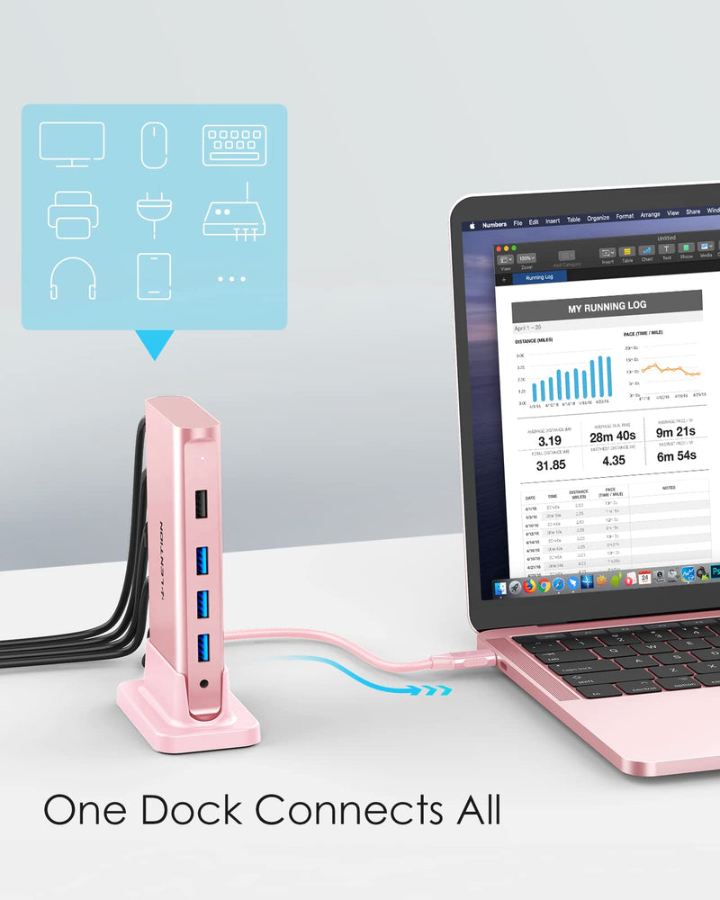LENTION USB C Docking Staion 4K@60Hz, Ethernet, 5xUSB Ports, 100W PD, Audio | 9 in 1 Dock, 3.3ft Long Cable, Detachable Design, No Driver, Compatible with macOS, Windows & ChromeOS (D53, Rose Gold)
