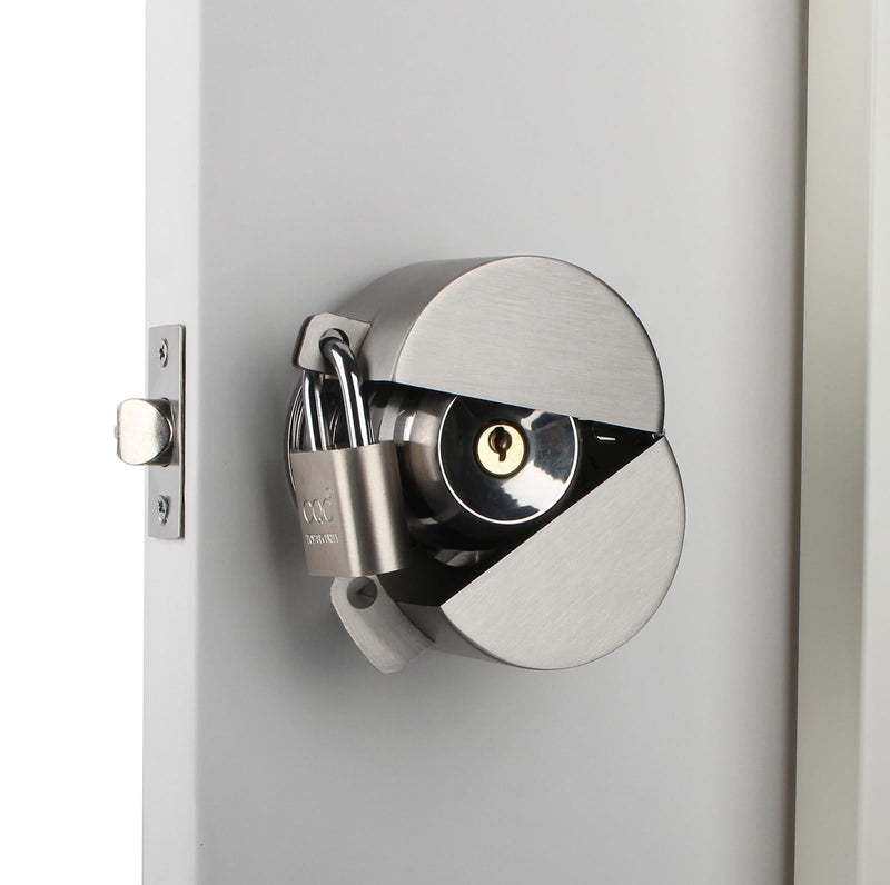 Door Knob Lockout Device with Padlock, Metallic Stainless Steel Locking Cover to Disable Doorknob, Prevents Turning of Door Knob and Access to Keyhole, Prevents Operating The Knob