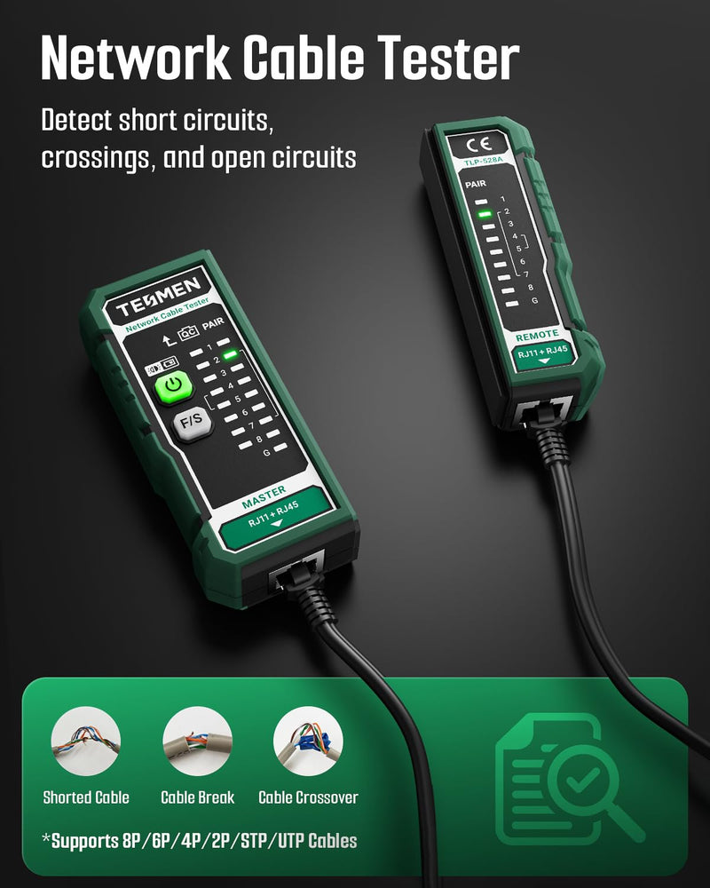 TESMEN TLP-528A Network Cable Tester for RJ11 RJ45, Ethernet Wire Tester for LAN & TEL Continuity and QC Test, for CAT5/CAT6/CAT7, Suitable for Cable Maintenance and Sorting - Green
