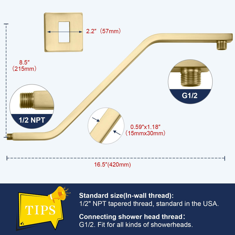 Square Shower Head Extension Arm with Flange, 16.5 Inch Z/S Shaped High Rise Shower Pipe Extender Wall-Mounted for Fixed Bathroom, Shower Head Goose Neck Arm - Extra Long Thread, Brushed Gold