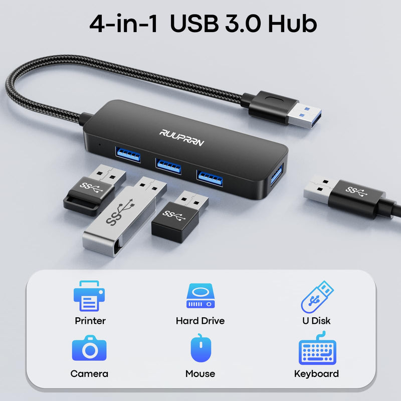 USB 3.0 Hub, 4-Port USB-A Splitter, 5Gbps High-Speed Data Adapter, Plug & Play USB Extender Hub for Laptop, PC, Desktop, Keyboard, Mouse, Flash Drive, External HDD, Printer, 1FT