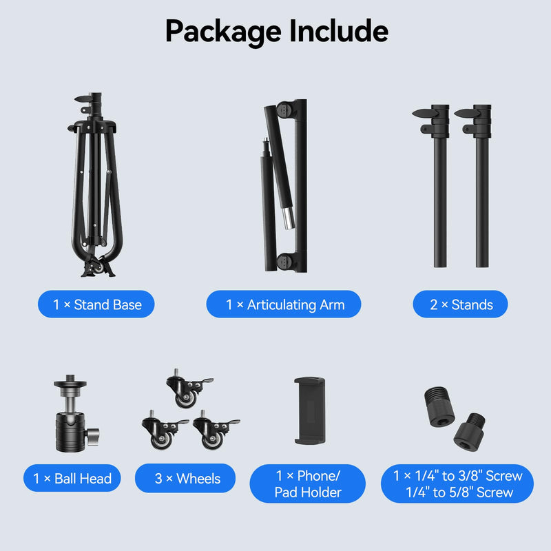 Takerers for Rolling iPad Stand Floor with Casters, Tablet Floor Stand Tripod for Ring Light/iPad/Phones/Mic/DSLR Camera, 1/4'' 3/8'' 5/8'' Screw, Ball Head, 3-Section Detachable Articulating Arm