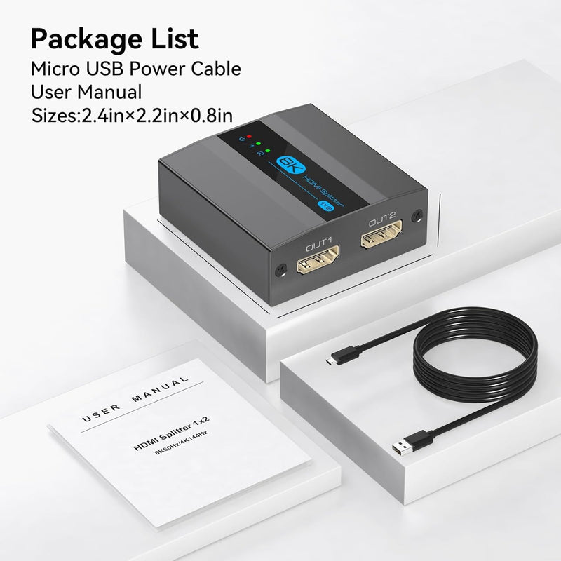 HDMI Splitter 8K 2 in 1 Out HDMI Selector 4K@144HZ/60Hz 8K@60Hz Support EDID Management HDCP 2.3 HDR 10 for Laptops PCs TV Boxes DVD Players PS5/PS4/PS3
