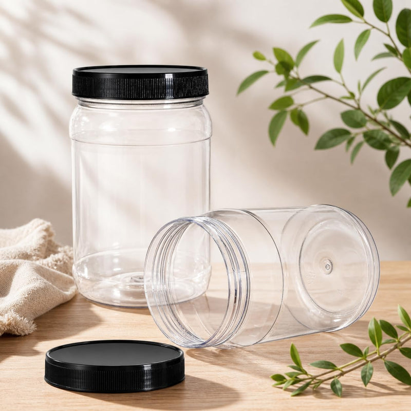 Fasmov 9 Pack 32 Oz Plastic Jars with Black Lids, Wide Mouth Clear Empty Plastic Storage Containers for Crafts, Dry Food, Peanut Butter, Honey and Jam Storage