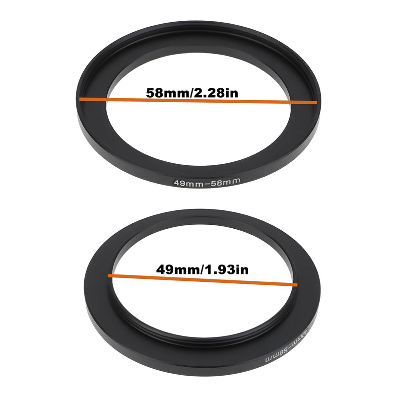 2 Pack Step Up Ring 49mm to 58mm Lens Filter Adapter Slim Aluminum Compatible with DSLR and Mirrorless Cameras