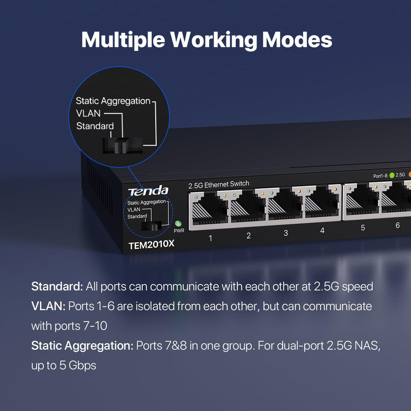 Tenda TEM2010X 8 Port 2.5G Ethernet Switch, Unmanaged 2.5Gb Switch with 8 x 2.5G Ports & 2 x 10Gb SFP+ Slots, Support VLAN & Static Link Aggregation, 80Gbps Switching Capacity, Fanless Metal Design