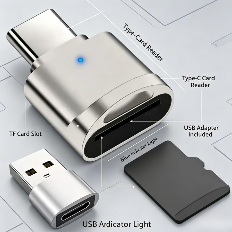 1 Pack USB C MicroSD Card Reader, USB A OTG Camera to Phone Adapter, Silver | Compact 0.91 in Body, Status Light, Reversible Plug, Removable Converter, Direct Insert Format for Compatible Mobile Devices