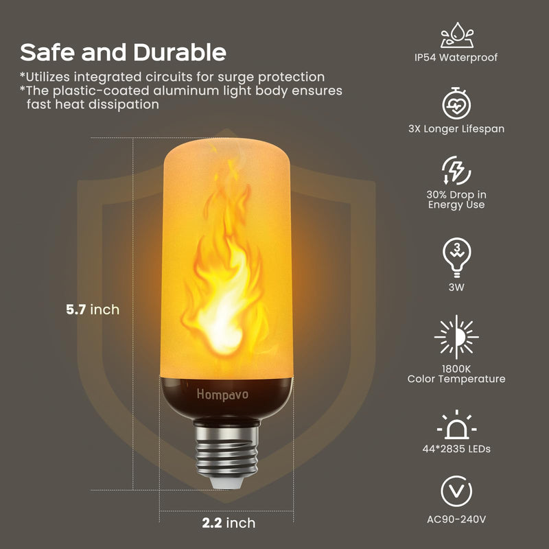 Hompavo Gen2 LED Flame Light Bulbs, Like Real Fire 4-Mode Flickering Light Bulbs with Upside Down Effect, E26 Flame Bulb for Halloween Christmas Party Patio Porch Home Indoor & Outdoor Decorations, 4 4 Pack