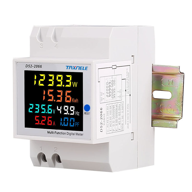 Single Phase Energy Meter Tester Din Rail Electricity Usage Monitor 6 in 1 Multimeter AC 40-300V 100A Voltage Current Voltmeter Ammeter Watt Kwh Frequency Power Meter 110V (Built-in CT)
