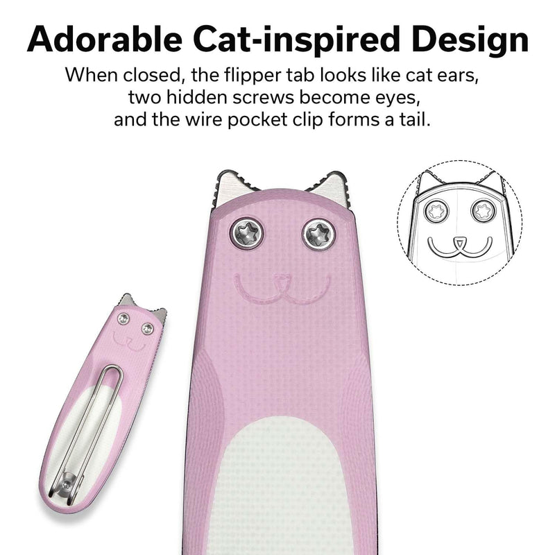 CIVIVI Purr Mini Pocket Knife, Cute Cat-Inspired Folding EDC Knife, 1.83" Nitro-V Steel Blade, Two-Tone G10 Handle, Double Detent Slip Joint Knife, Unique Gift for Men & Women C25054-4 Powder Pink & White