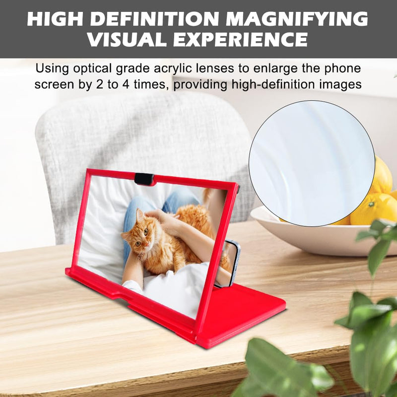 12" 3D HD Phone Screen Magnifier with Foldable Stand, Drawer Design, Blue Light Filter, Anti-Slip, Movie Video Gaming Amplifier, Universal Compatibility for All Phones (Red) Red