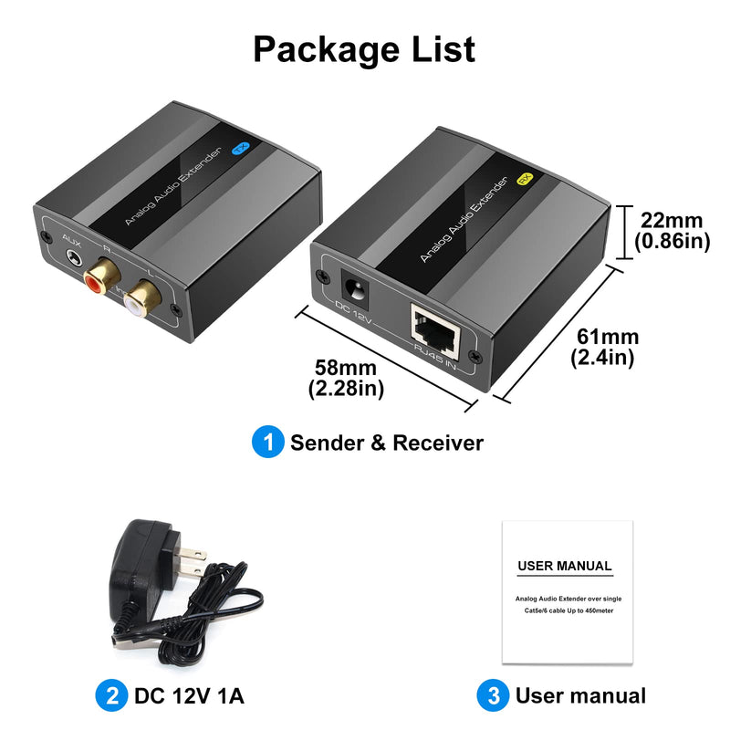 Analog Audio Extender RCA 3.5mm Stereo Over Ethernet Single Cat5e 6 7 Cable up to 1475ft Converter Adapter Support PCM Stereo POC Power on Cat RCA/3.5mm up to 1475FT