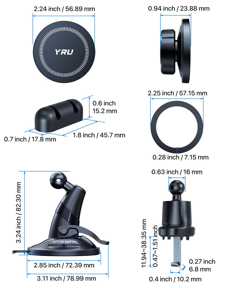 YRU [True Upgraded Military-Grade] Phone Holder for Magsafe Car Mount 360° Rotating Vacuum Suction Dashboard, 2800gf Strongest Magnetic Windshield Phone Mount for iPhone 16 Pro Max 15 14 13, Black
