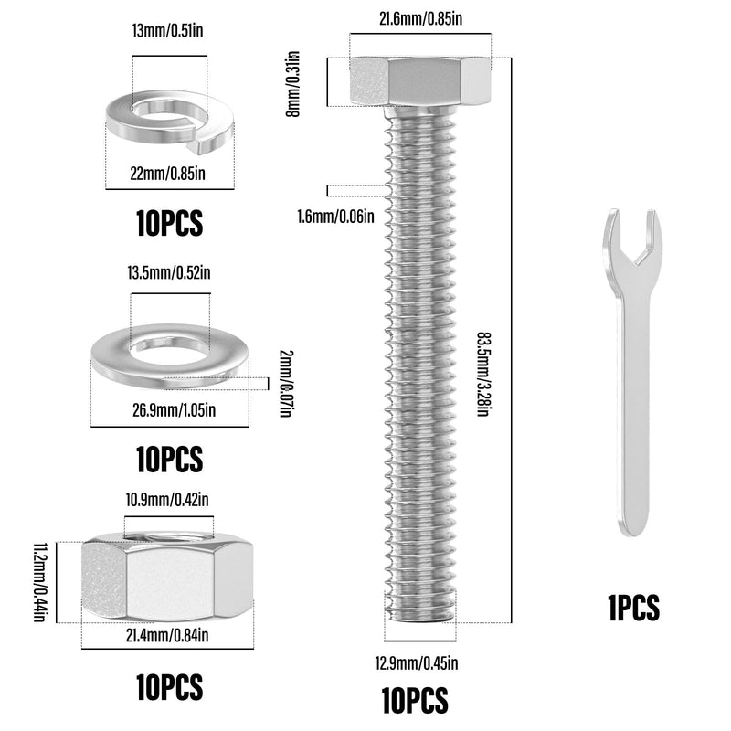 10PCS 1/2-13 x 3 304 Stainless Steel External Hex Bolt, Fully Threaded Bolt with Nut Flat & Lock Washers and Spanner 1/2-13 x 3"
