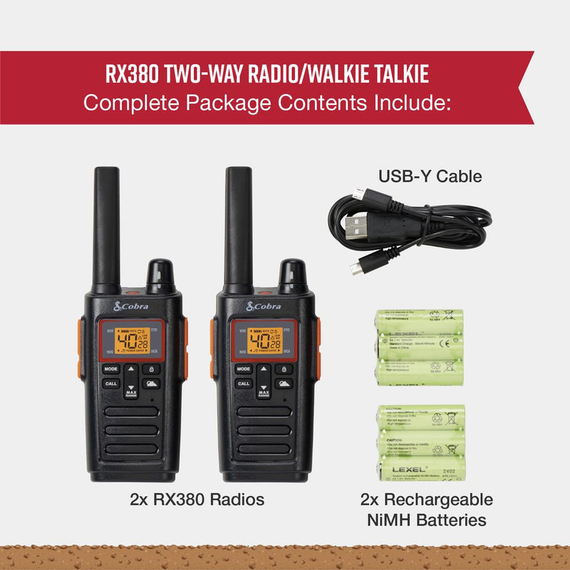 Cobra RX380 Walkie Talkies - Rechargeable, 40 Preset Channels, Long Range 32-Mile Two-Way Radio Set (2-Pack), Black Walkie Talkie