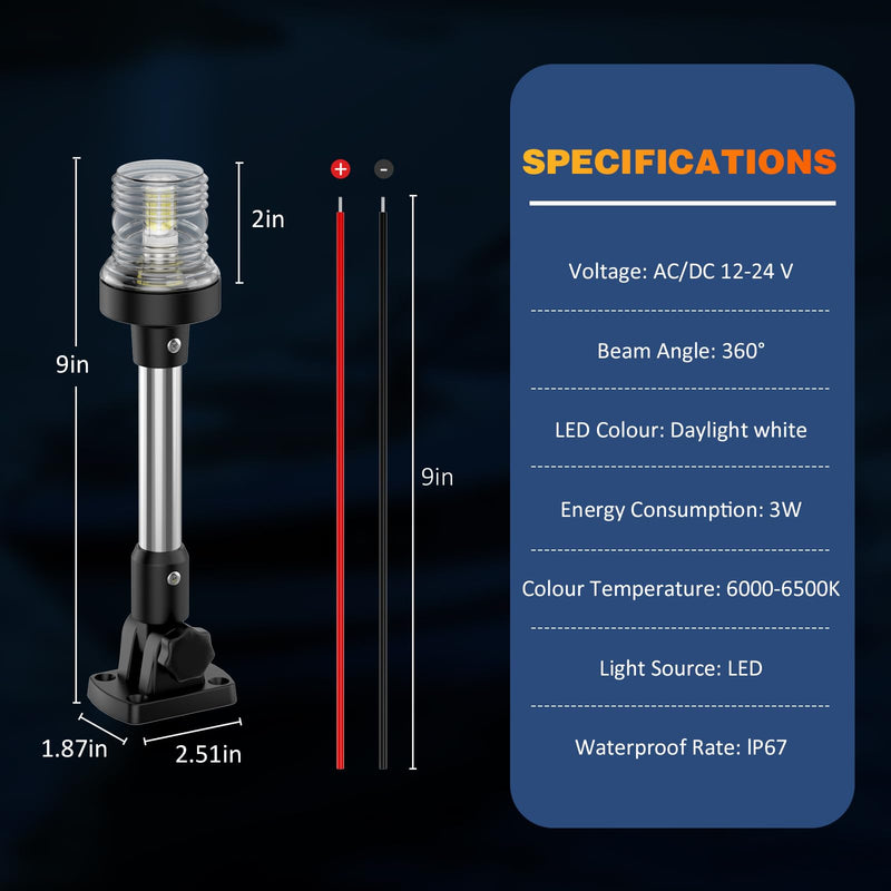 9 Inches Anchor Light Stern Lights for Boats LED Waterproof IP67, White Fold Down Rear Boat Navigation Lights, 3NM Visible Boat Running Light LED Marine for Pontoon, Jon Boats (12-24V) 9 Inches