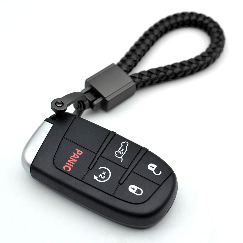 FEYOUN Universal Black Leather Car Fob Keychain Metal Keyring Woven Strap Braided Rope Key Chain for Men and Women - Matte Black Color, with 360 Degree Rotatable D-ring and Screwdriver Black and Matte Black