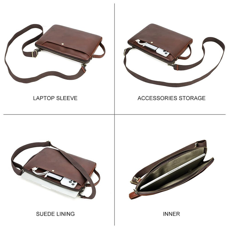 Hiram Laptop Shoulder Bag Handmade Crazy Horse Leather Briefcase Lightweight Computer Bag Coffee