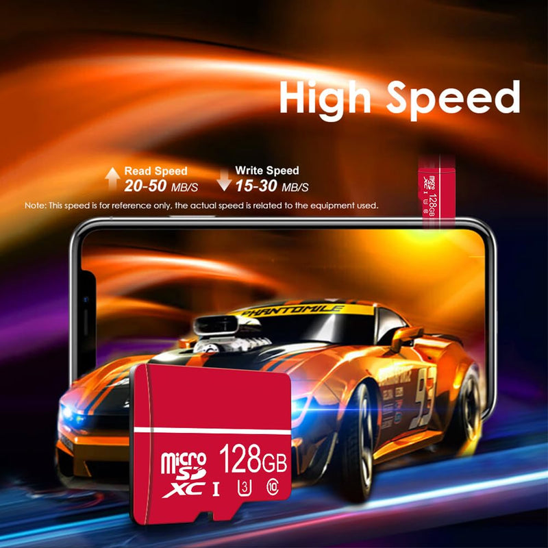 128GB Micro SD Card C10 U3 V30 A2 4K Video for Dash Cam Security Camera Smartphones Tablets & Gaming, High Speed Memory Card （Red