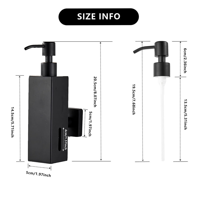 BATHSIR Matte Black Soap Dispenser, Refillable Shower Soap Dispenser Wall Mounted, Stainless Steel Clear Hand Soap Dispenser with Pump for Bathroom Kitchen Sink Dish (Square 200ML) square