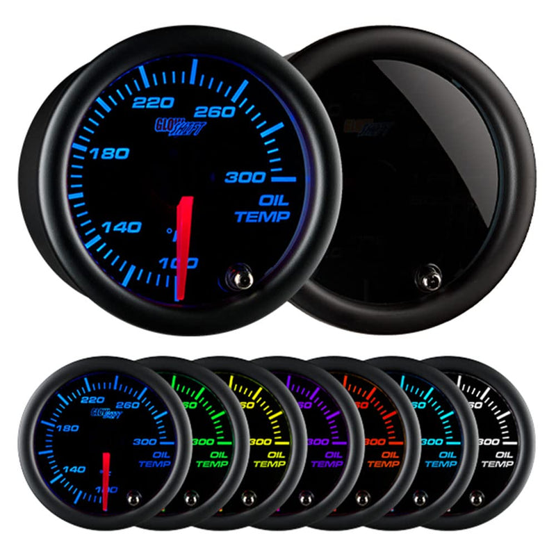 GlowShift Tinted 7 Color 300 F Oil Temperature Gauge Kit - Includes Electronic Sensor - Black Dial - Smoked Lens - for Car & Truck - 2-1/16" 52mm