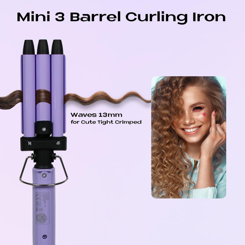 3 Barrels Mini Hair Waver for Short & Medium Hair, 13MM Curling Iron Curling Wand, 0.45lb Lightweight, Mini Size Hair Curler, Travel Friendly-Purple Mini Purple UK
