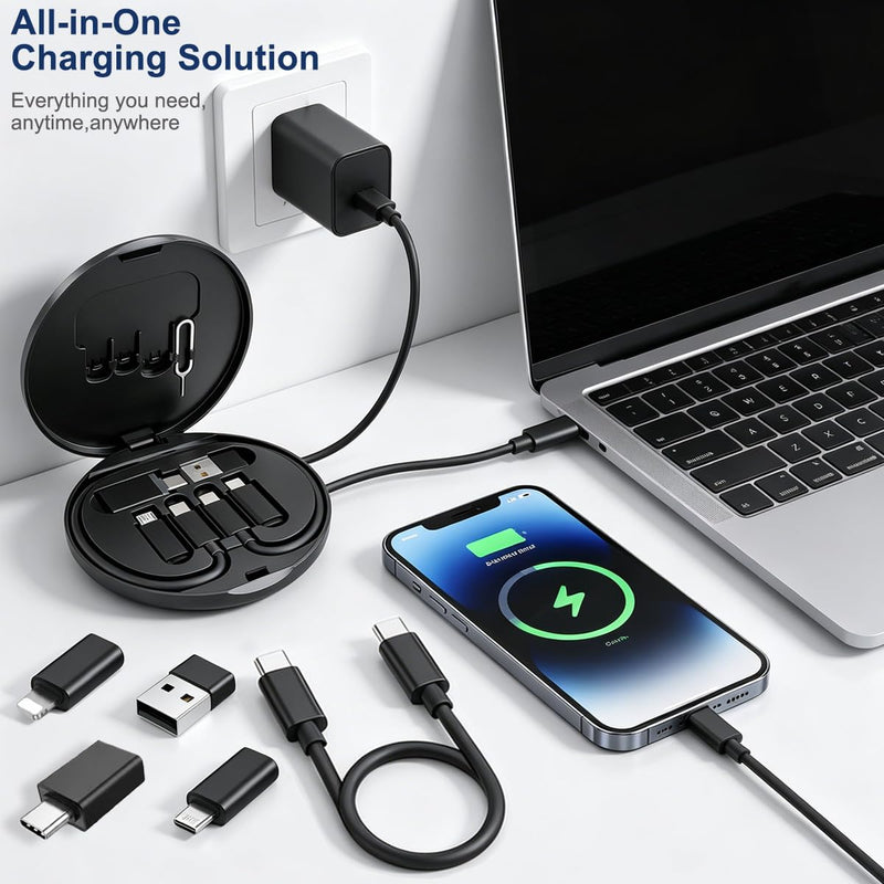 6 in 1 USB C Charging Adapter Travel Kit, USB C to USB 3.0 OTG, Type C to iOS Connector Box with 1Ft 65W Fast Charging Cable, Type-C to Micro USB Converter, SIM Eject Pin & Card Storage, Data Transfer Black